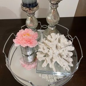 Silver Candlesticks and Glass Tray